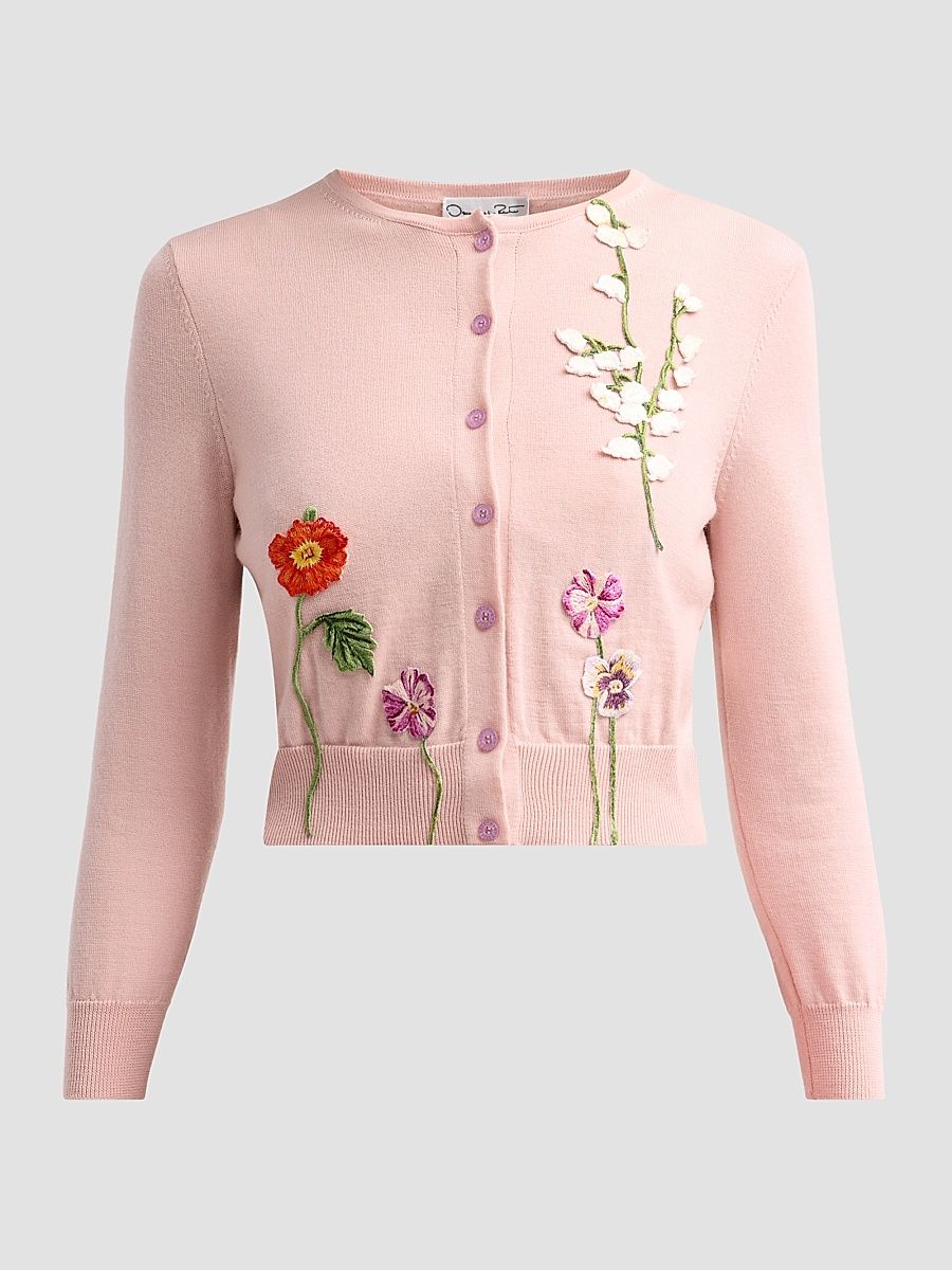 Women's Mixed Floral-Embroidered Wool Cardigan - Blush - Size Small