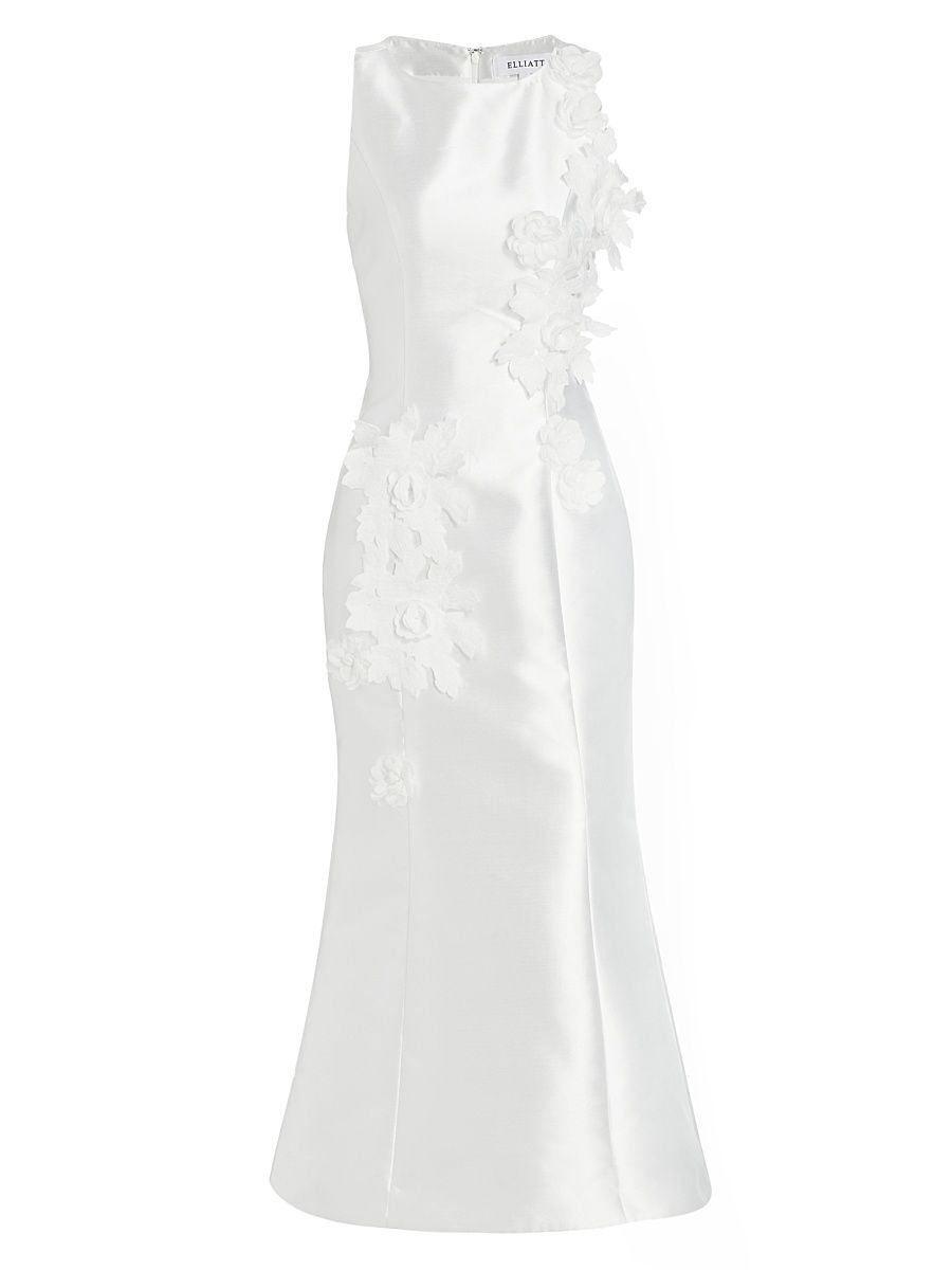 Women's Asha Dress Flower Appliqué Sateen Midi-Dress - Ivory - Size Medium