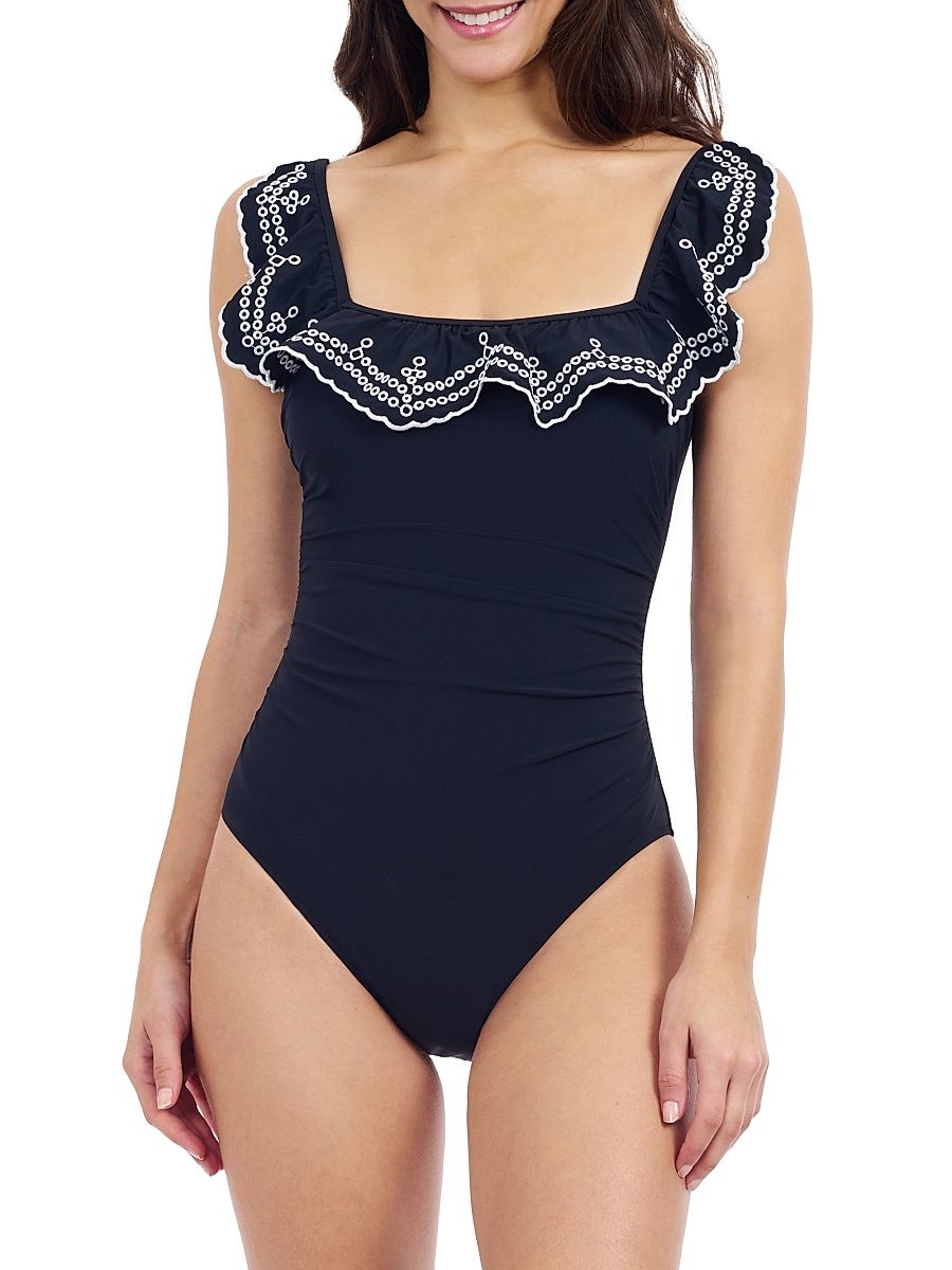 Women's Lola Ruffled-Trim Ruched Swimsuit - Black - Size 10