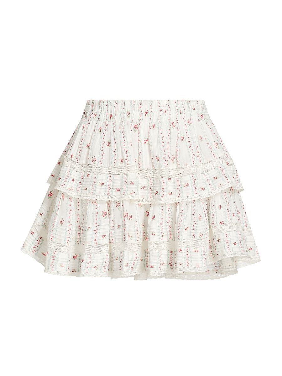 Women's Ruffled Floral Cotton A-Line Miniskirt - Poppy Red - Size Large
