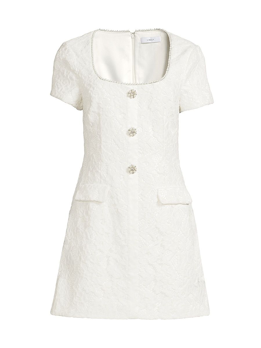 Women's Drop 12 Sergio Imitation Pearl & Crystal-Embellished Jacquard Lace Minidress - White - Size 14