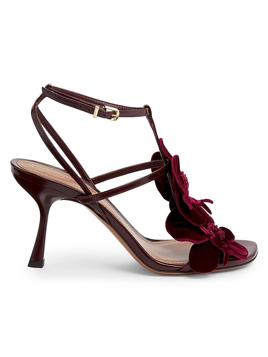 Women's Orchid 85MM Floral Leather & Velvet Sandals - Ruby - Size 11