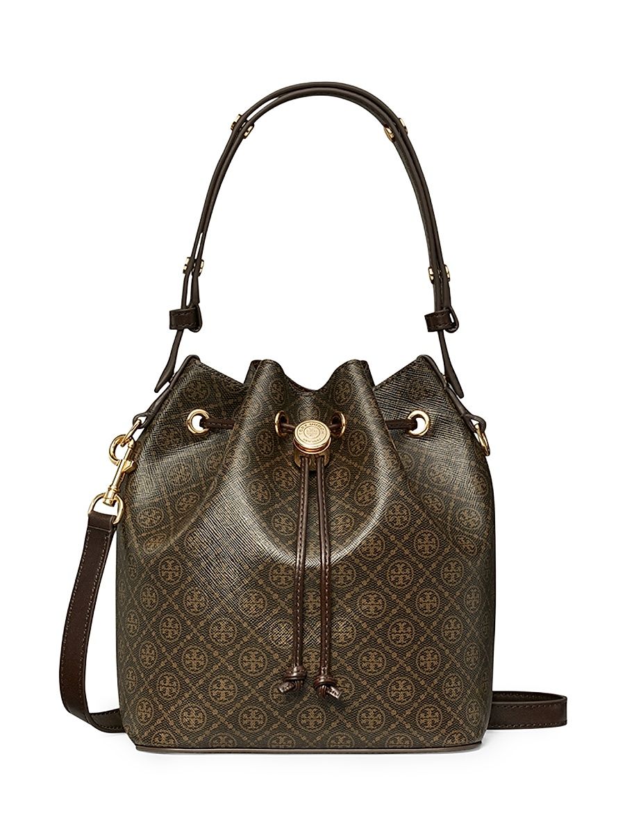Women's T Monogram Coated Canvas Bucket Bag - Dark Brown