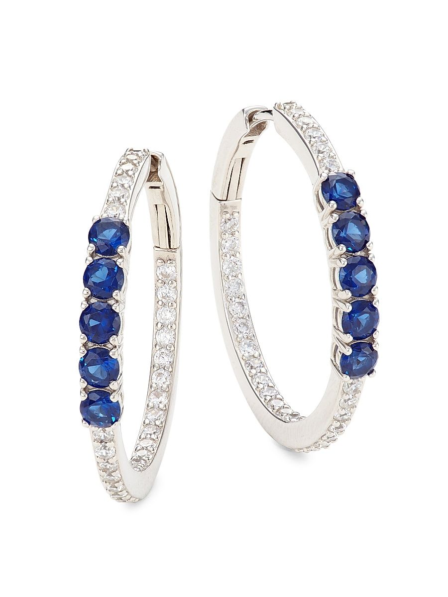 Women's Loveall Rhodium-Plated Cubic Zirconia Medium Hoops - Silver Sapphire