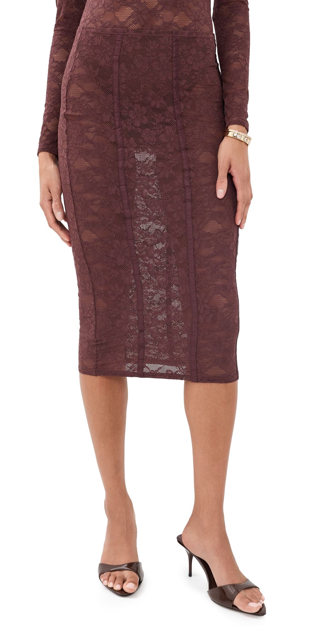Fleur du Mal Le Stretch Lace Pencil Skirt Cocoa Plum M