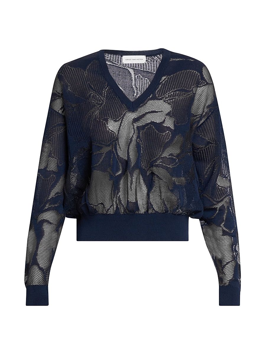 Women's Torion Floral V-Neck Sweater - Navy - Size Large