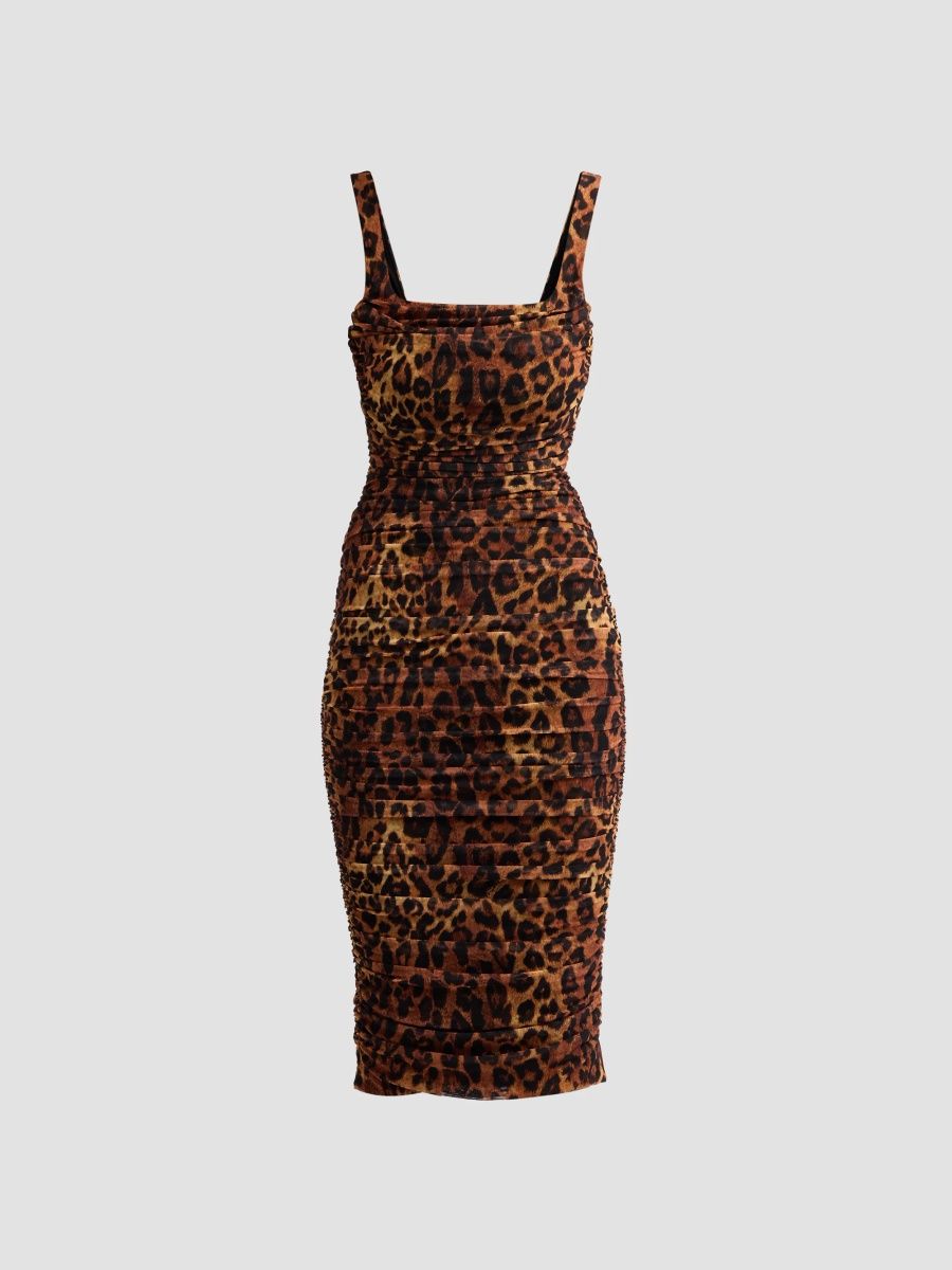 L'AGENCE Women's Anya Leopard-Print Shirred Midi Dress - Tan Multi Javan - Size XS