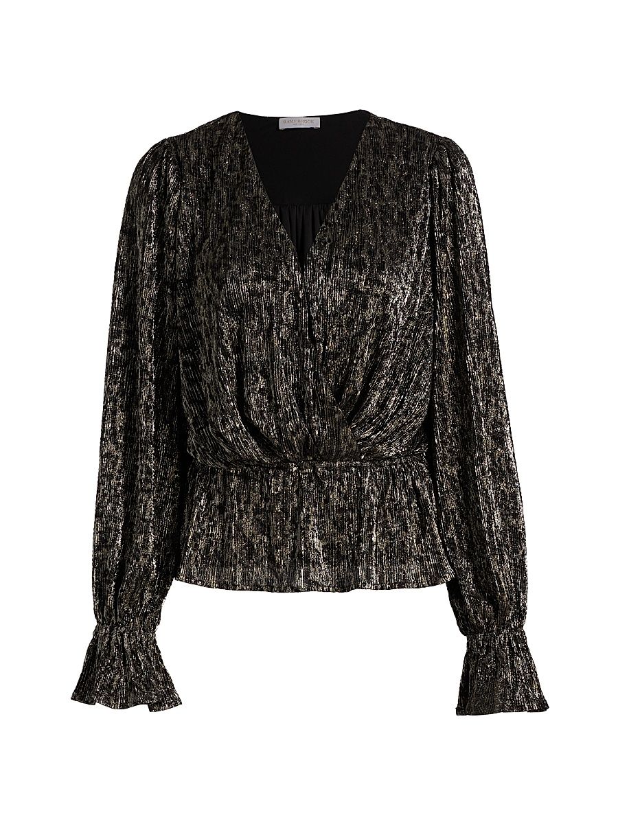 Women's Jean Cinched-Waist Surplice Top - Black Animal Lame - Size XL