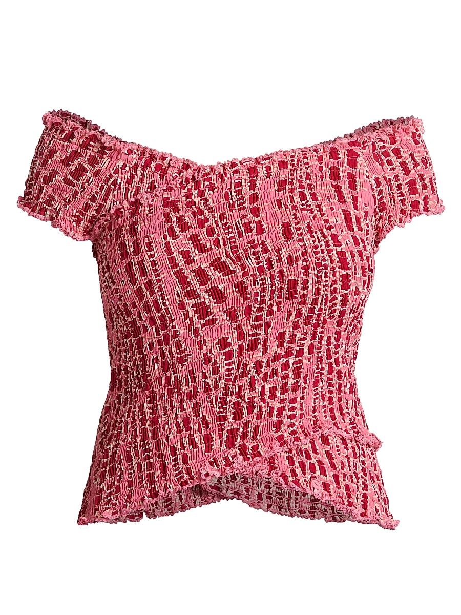 Women's Soledad Printed Smocked Off-The-Shoulder Top - Pink Kalina - Size Small