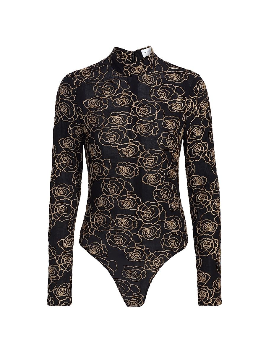 Women's Ren Metallic Floral-Embroidered Bodysuit - Black Gold - Size Large