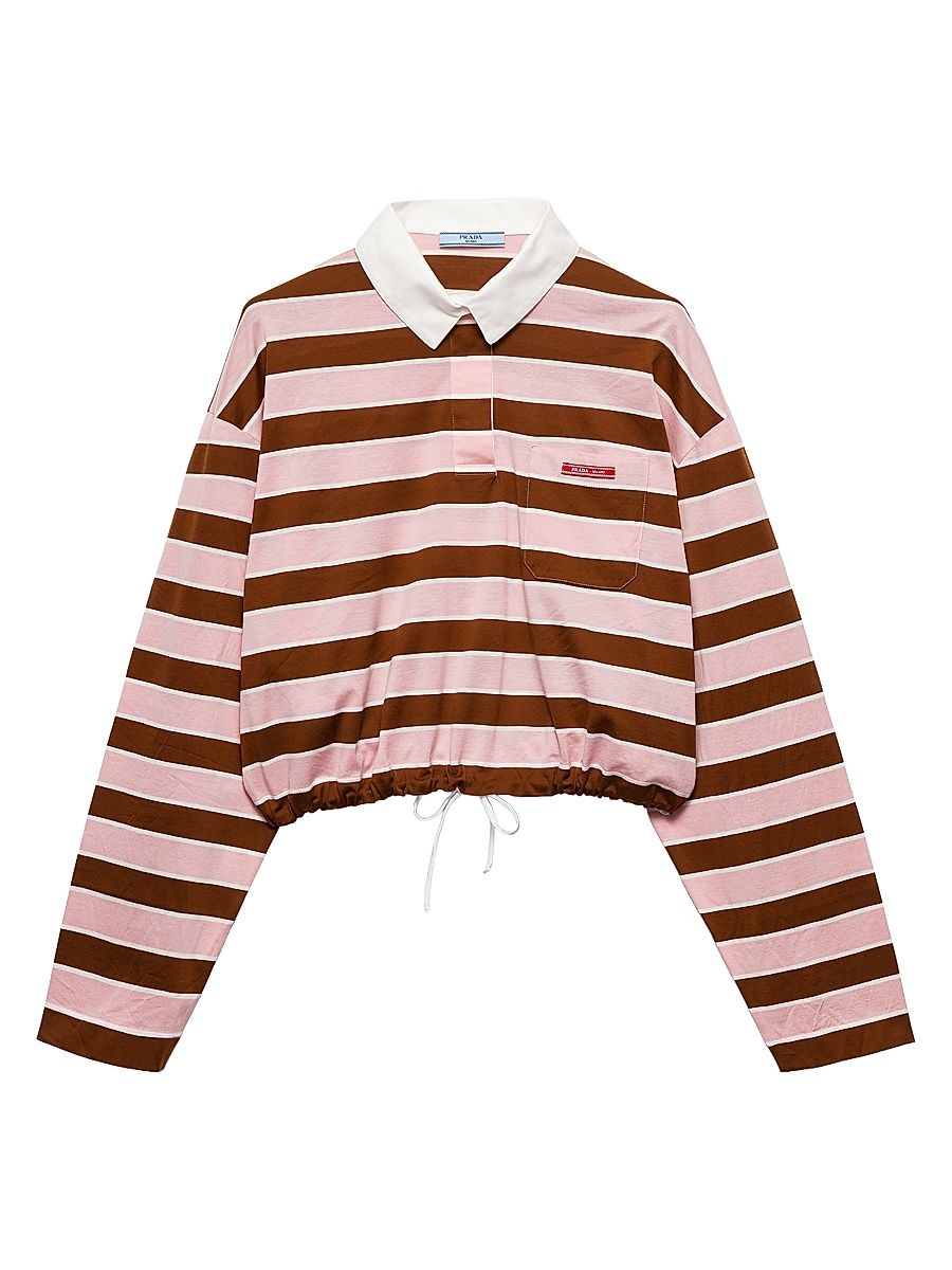 Women's Long-Sleeved Bayadere Print Lisle Cotton T-Shirt - Pink - Size 8