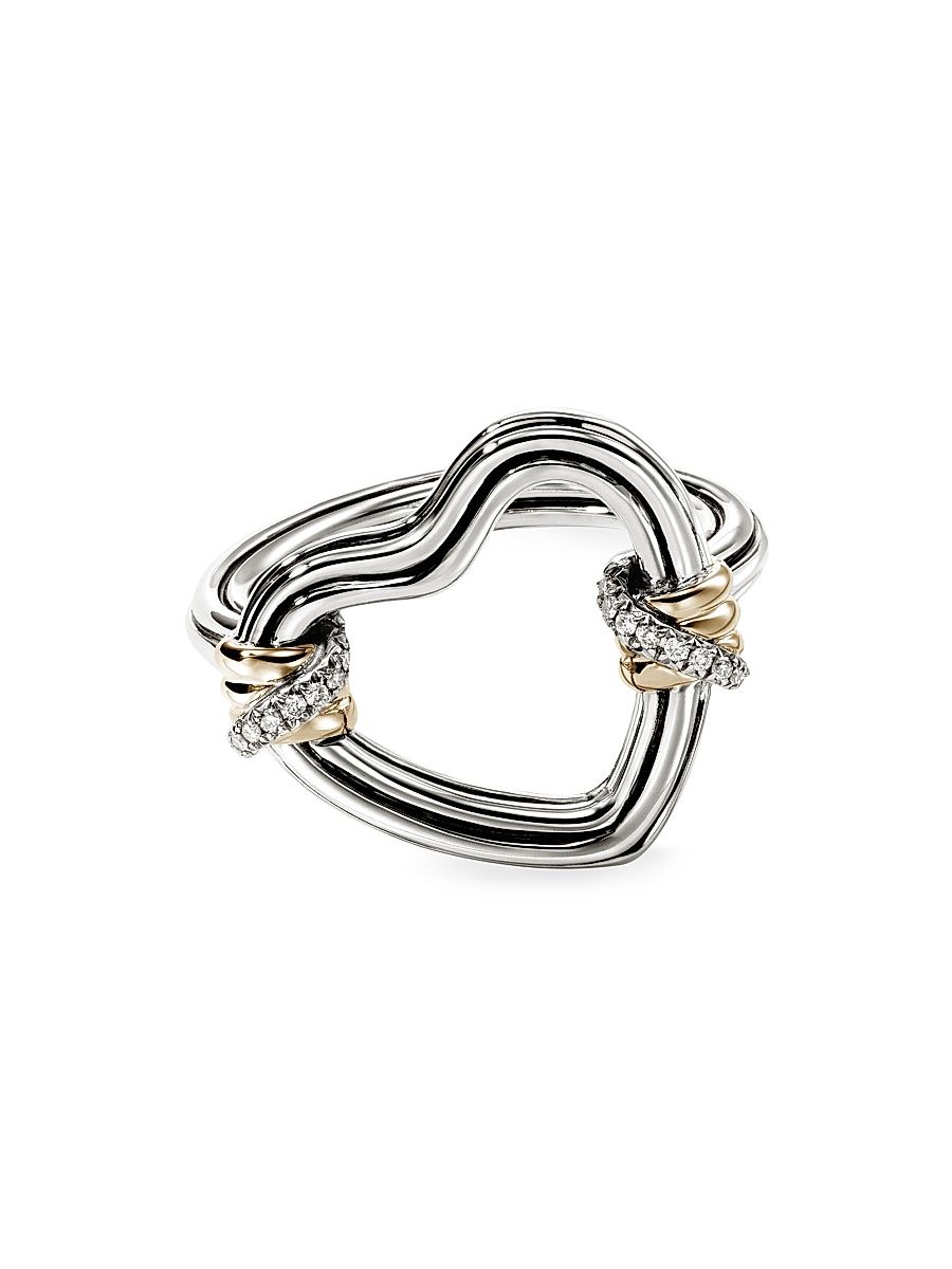 Women's Bamboo Sterling Silver, 14K Yellow Gold & 0.07 TCW Diamond Heart Ring - Silver Gold - Size 7