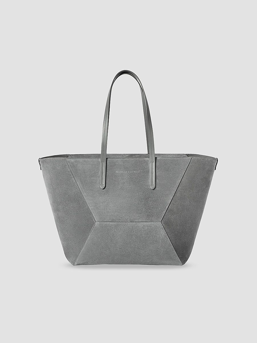 Women's Duo Tote Bag in Suede with Monili - Stone Grey