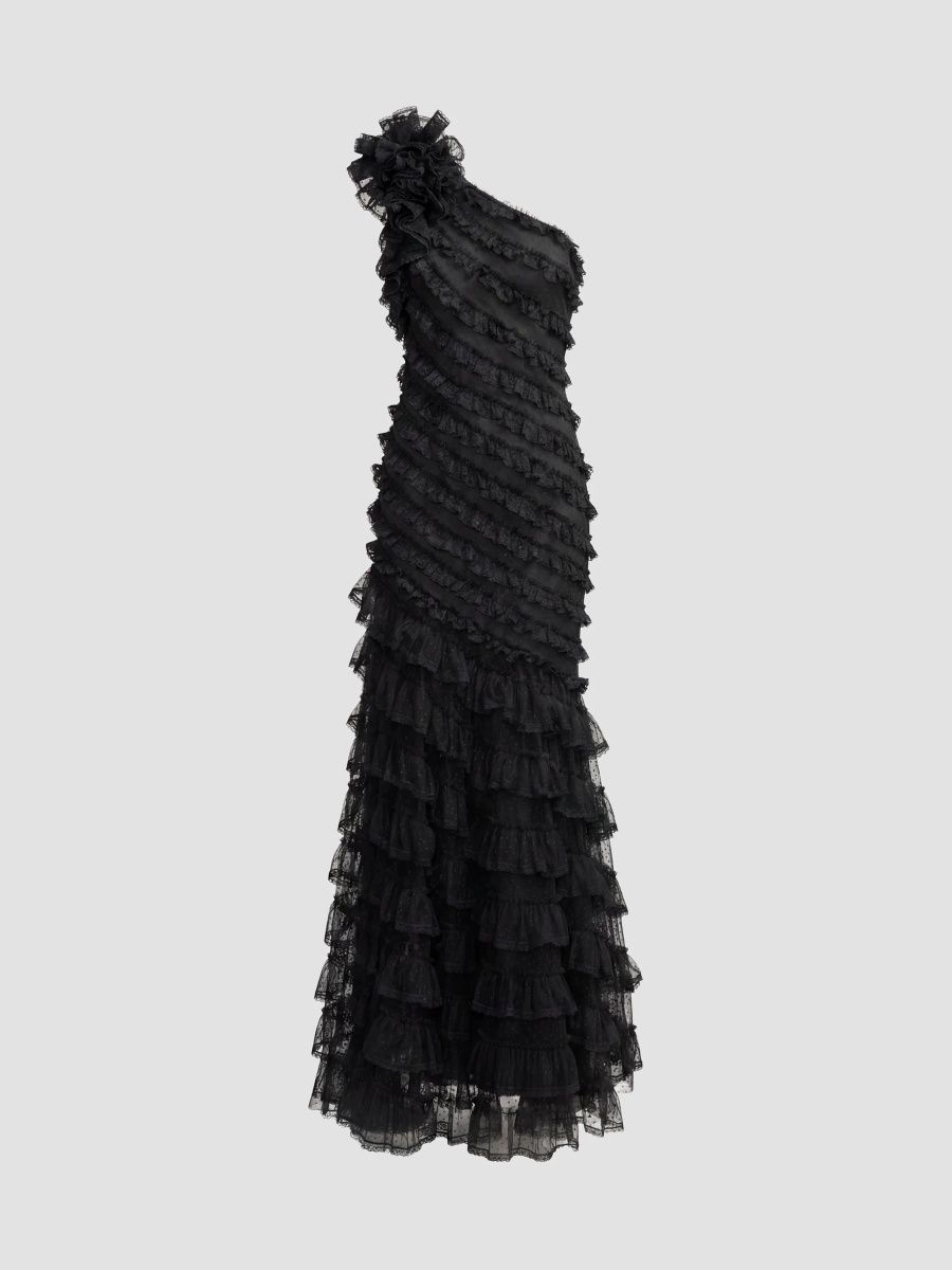 Mac Duggal Women's One-Shoulder Mesh-Lace Trumpet Gown - Black - Size 0