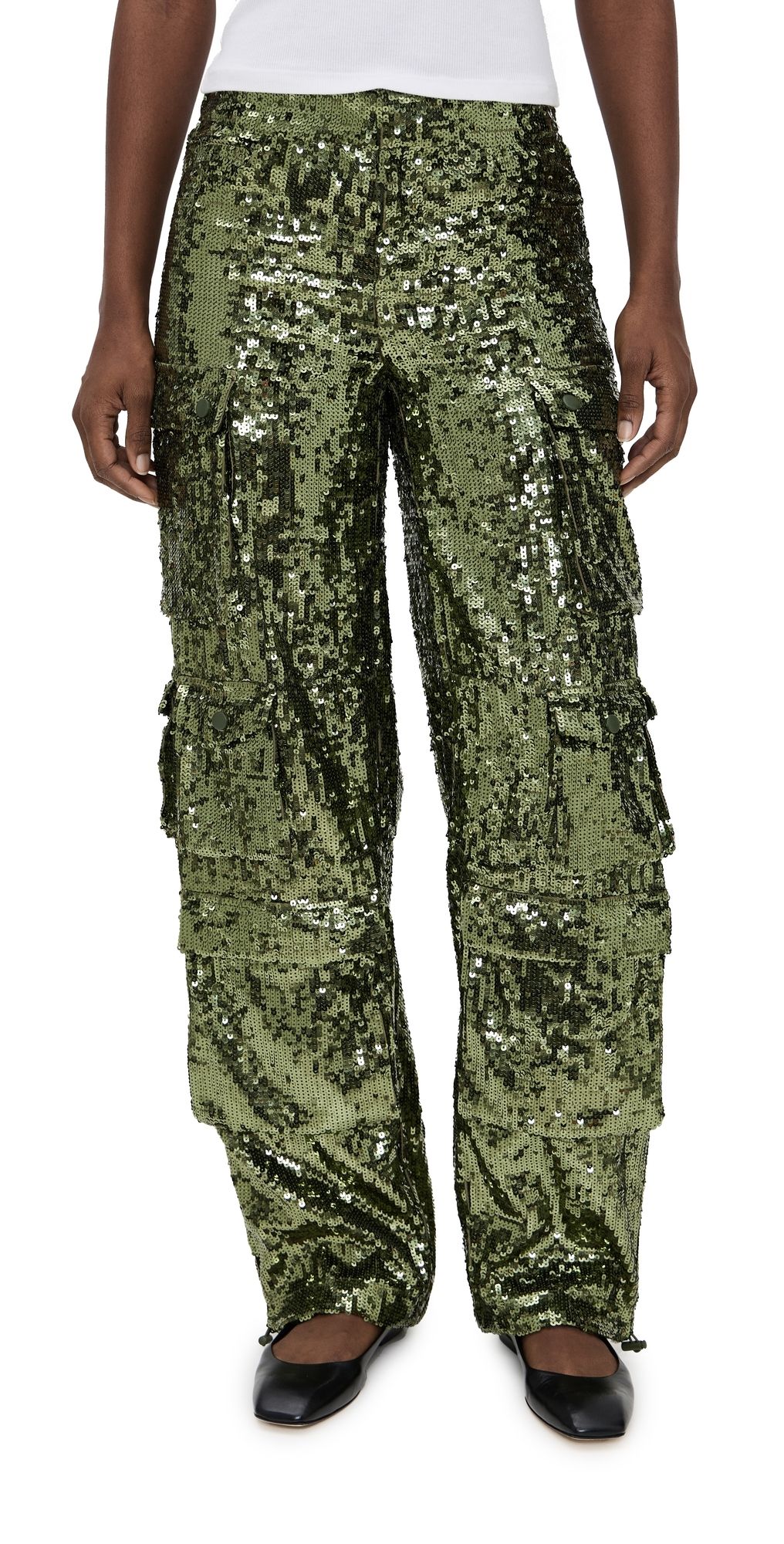 ALICE + OLIVIA Olympia Mr Sequin Baggy Cargo Pants Dark Olive 2