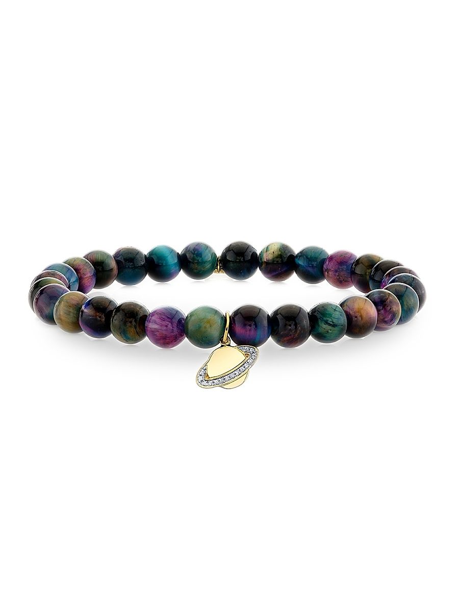 Women's Sunset Observatory 14K Yellow Gold, Rainbow Tiger's Eye & 0.03 TCW Diamond Beaded Stretch Bracelet