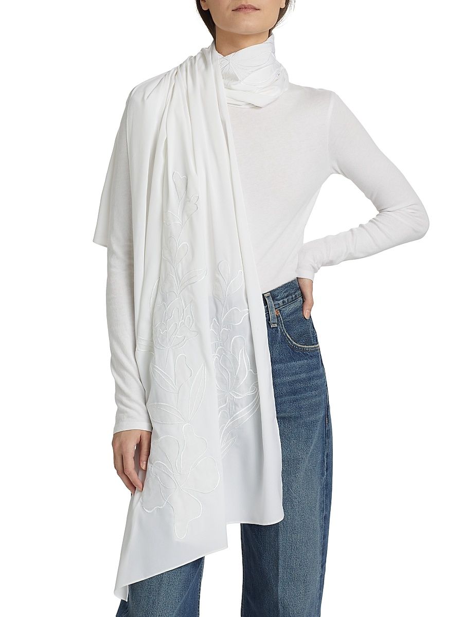 Women's Embroidered Silk Chiffon Shawl Neck Top - Ivory