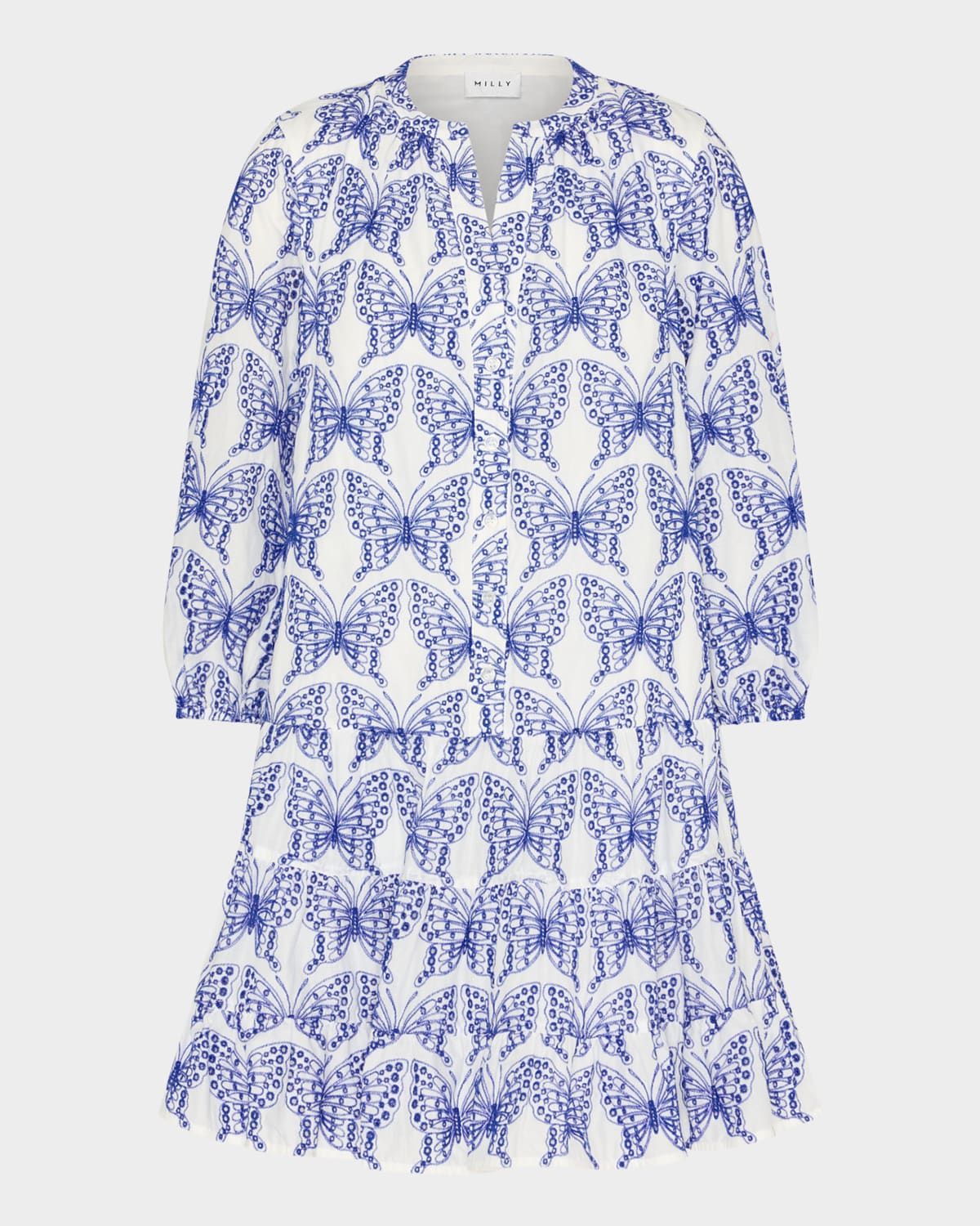 Tiered Eyelet Butterfly-Embroidered Mini Dress
