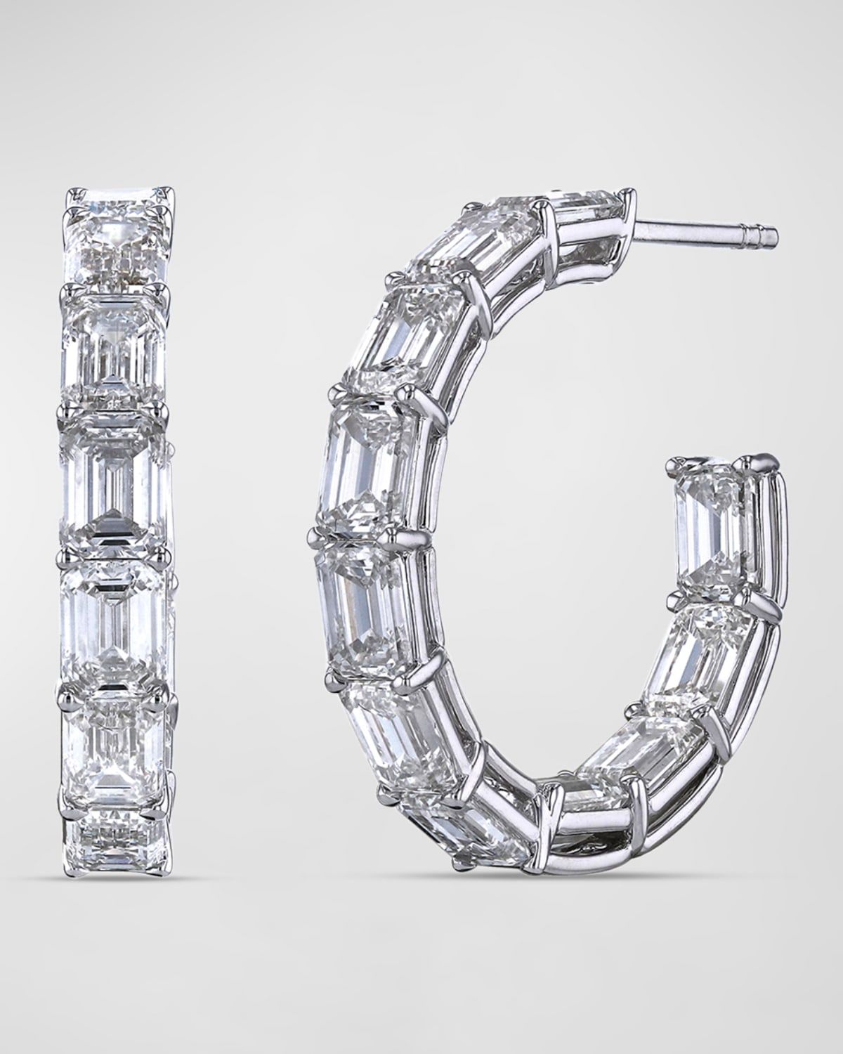 18K Gold North South Emerald Cut Diamond Hoop Earrings, 7.9tcw/1"L