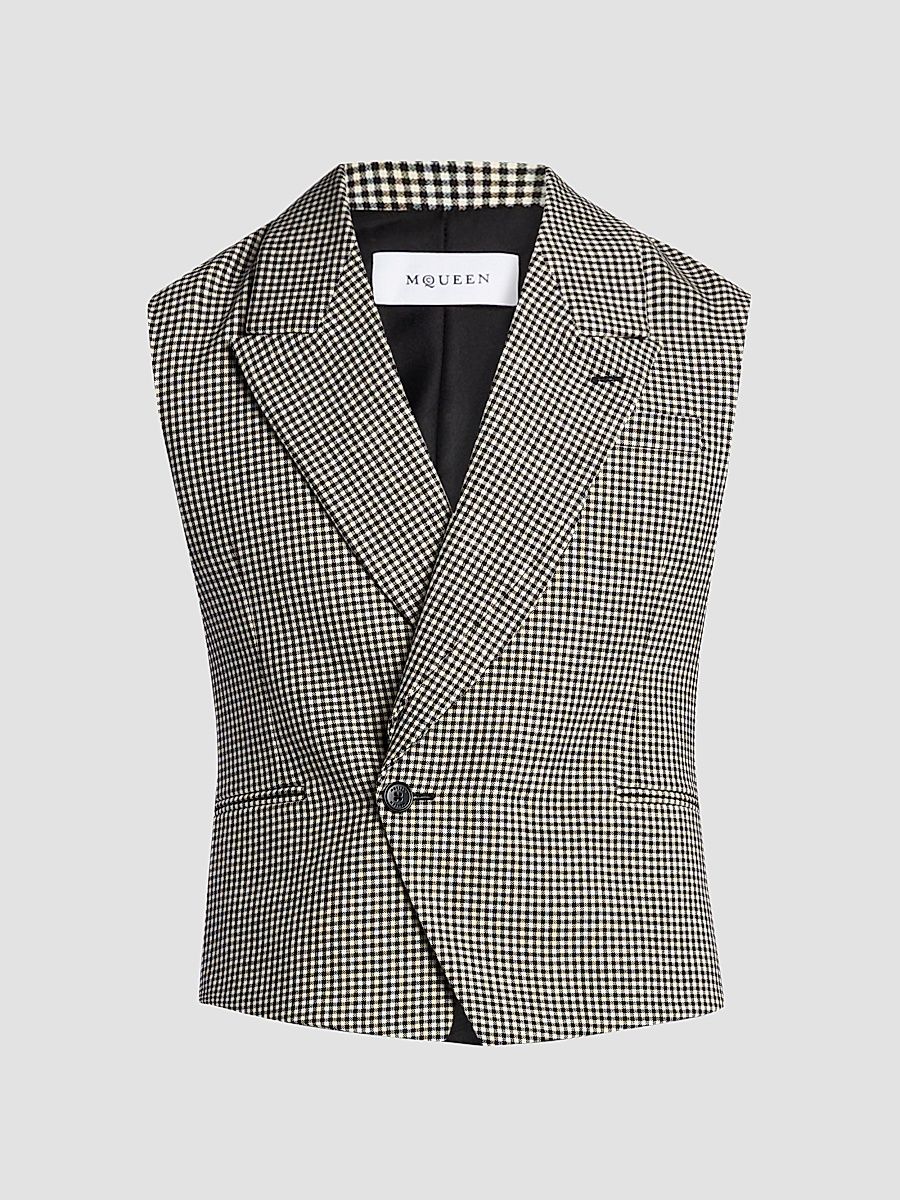 Men's Gingham Wool Vest - Black Ivory - Size 44