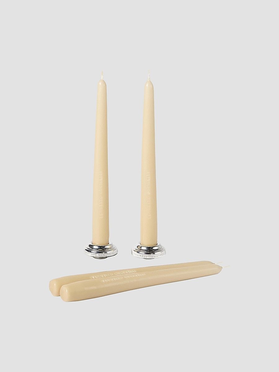 Set of Two Silver-Plated Brass Candlesticks with Four Taper Candles - Ivory