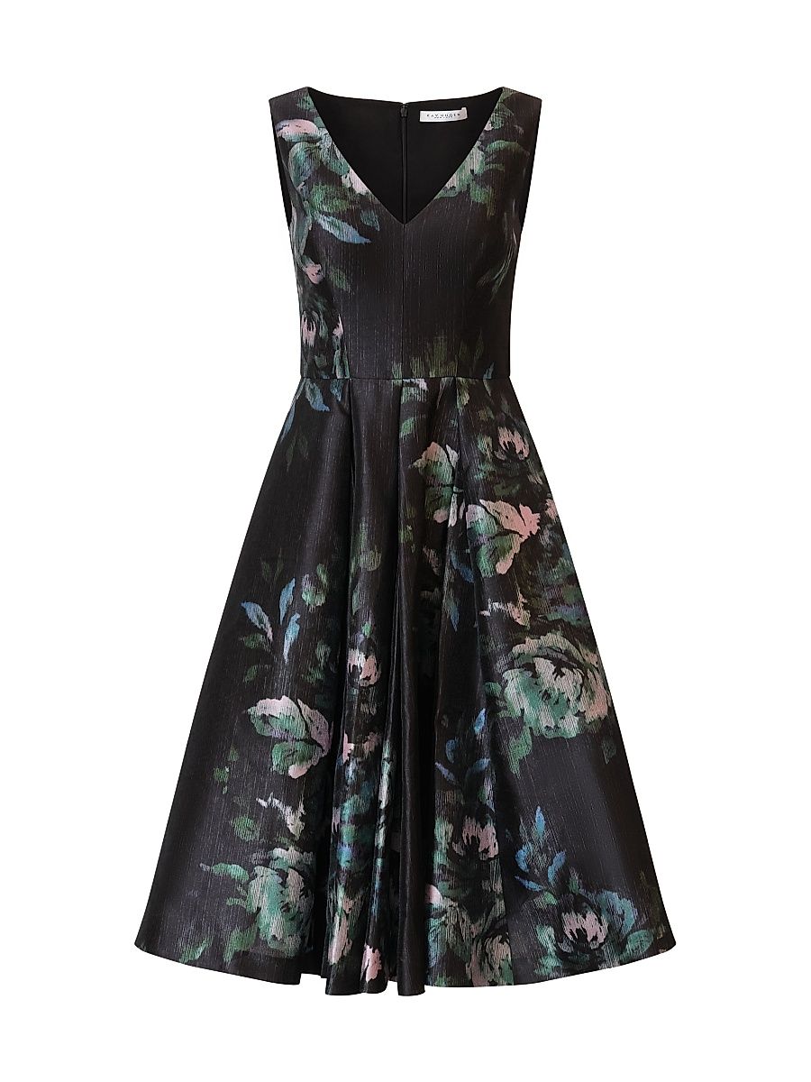 Women's Brooke Floral Mikado Fit & Flare Midi-Dress - Black - Size 18