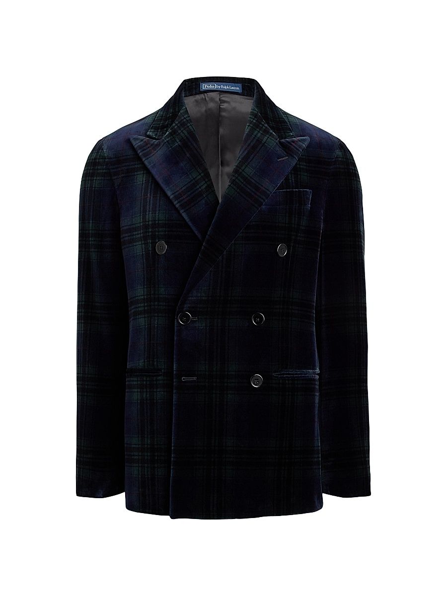 Men's Double-Breasted Velvet Plaid Polo Jacket - Blackwatch Tartan Plaid - Size 46