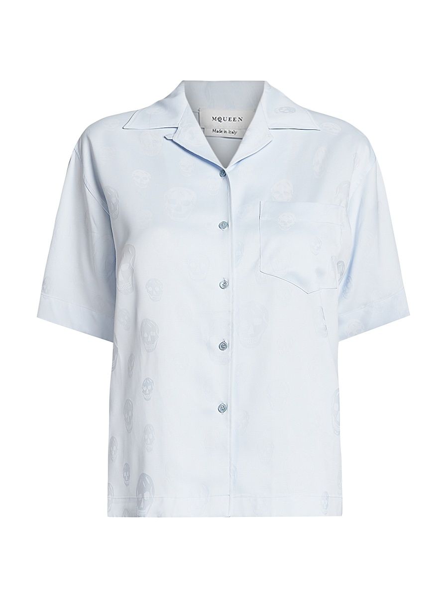 Women's Skull Fluid Satin Shirt - Ice Blue - Size 10