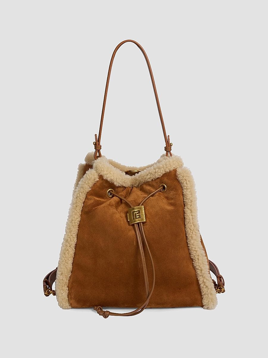 Balmain Women's Pulse Shearling-Trim Suede Backpack - Beige Clair Camel Fonce