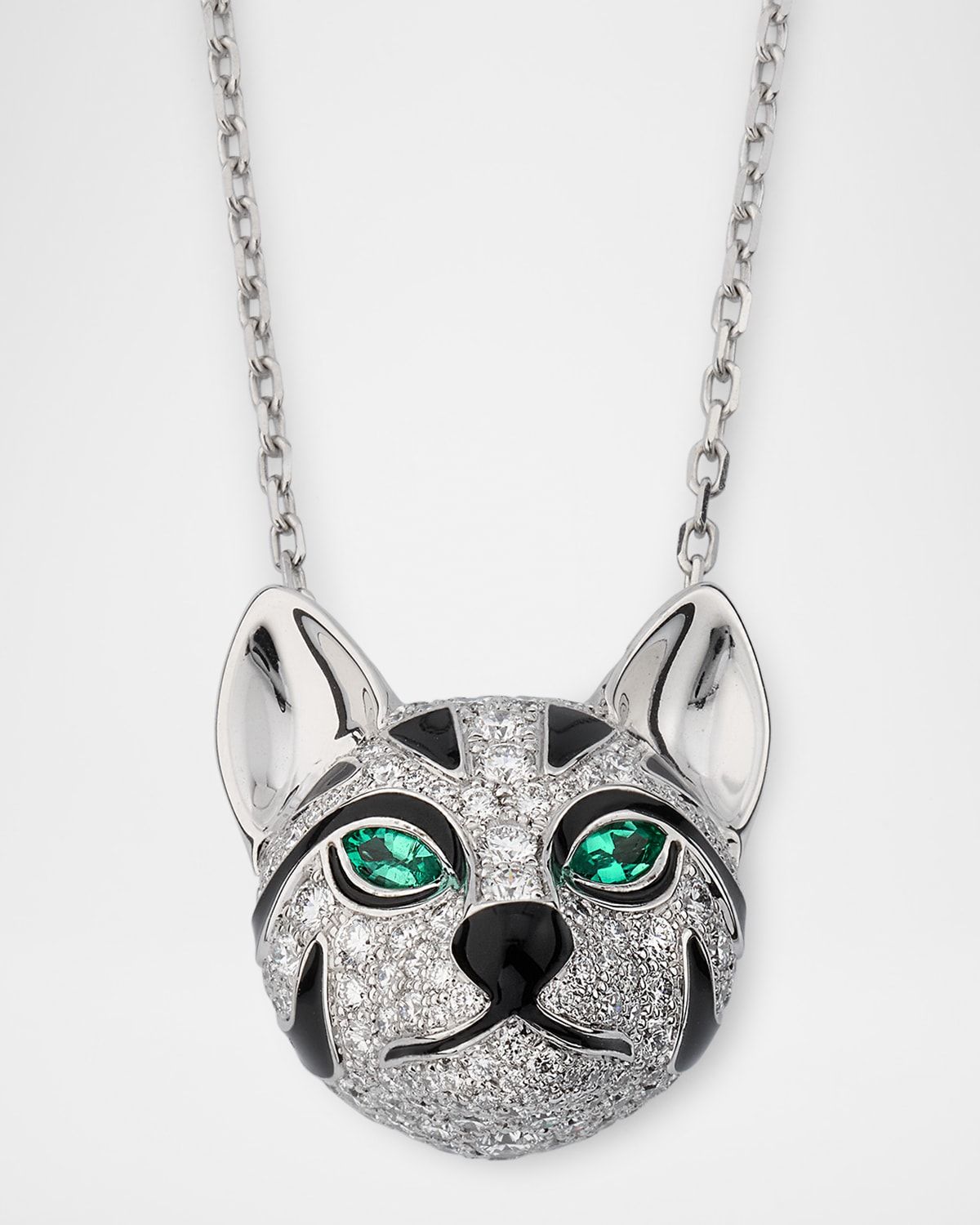 18K White Gold Fuzzy, the Leopard Pendant Necklace with Diamonds and Emeralds