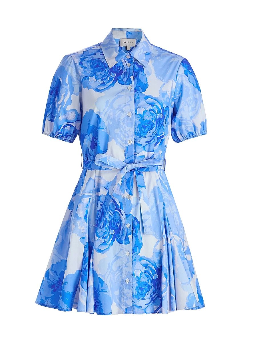 Women's Juni Printed Stretch Cotton Poplin Mini-Shirtdress - Blue Multi - Size 12