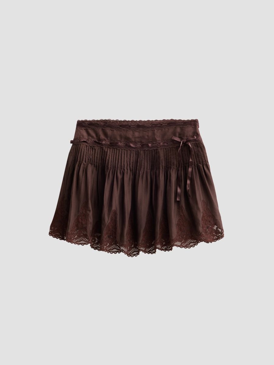 LoveShackFancy Women's Marais Lace-Trim Silk Mini Skirt - Midnight Mocha - Size 12