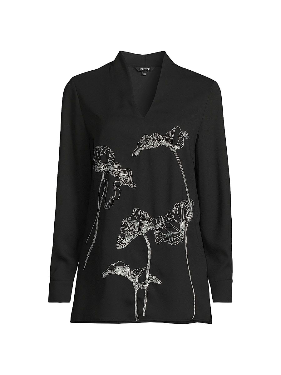 Women's Floral Embroidered Crepe De Chine Tunic - Black White - Size XXL