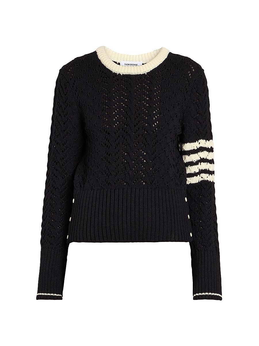 Women's Cable-Pointelle Knit Striped Sweater - Navy - Size 2