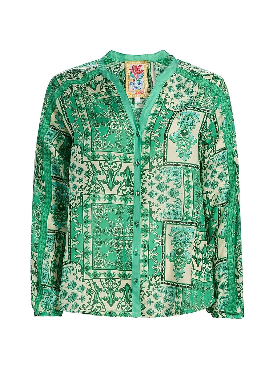 Women's Ellen Printed Silk Button-Front Shirt - Hollandia - Size XL