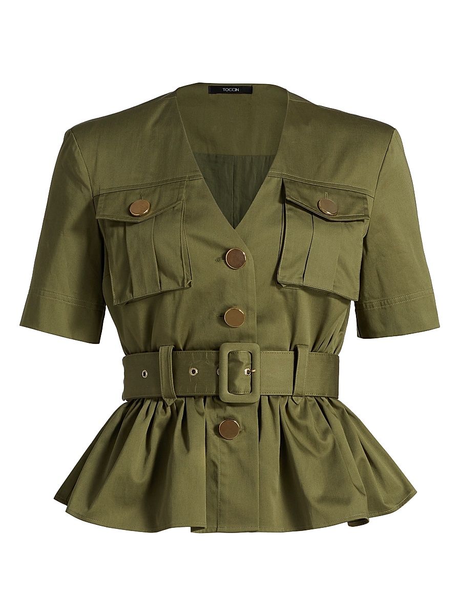 Women's Ezra Safari Stretch-Cotton Peplum Shirt - Olive - Size 6