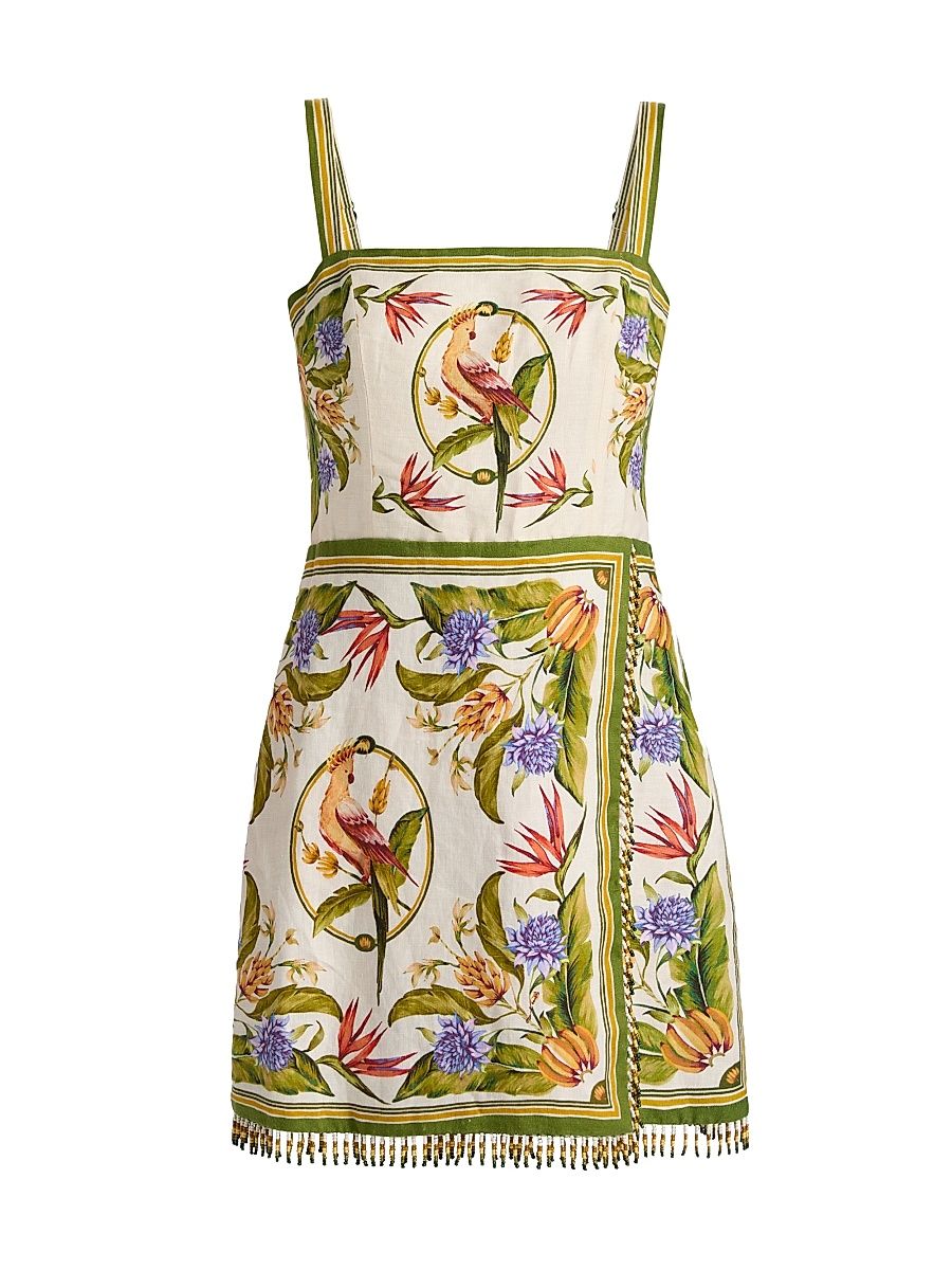 Women's Printed Linen Sheath Minidress - Sand - Size XL