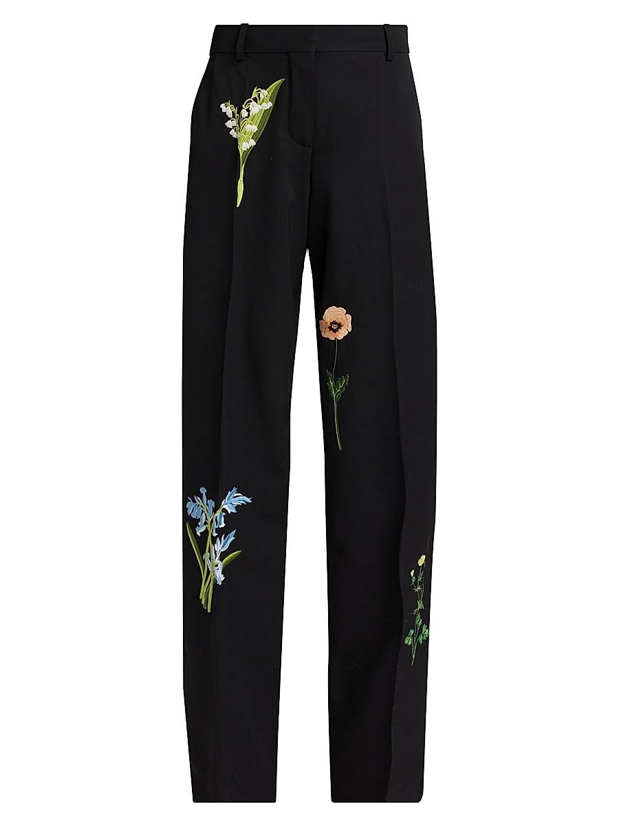 Women's Embroidered Drop Waist Wide-Leg Wool Trousers - Black - Size 12