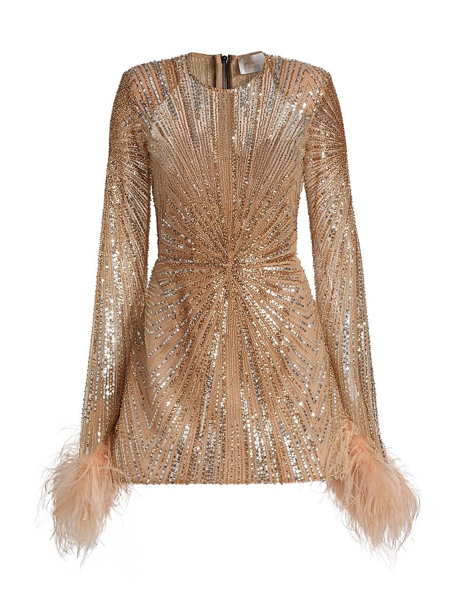 Women's Tokyo Feather-Cuff Sequined Minidress - Gold - Size Medium