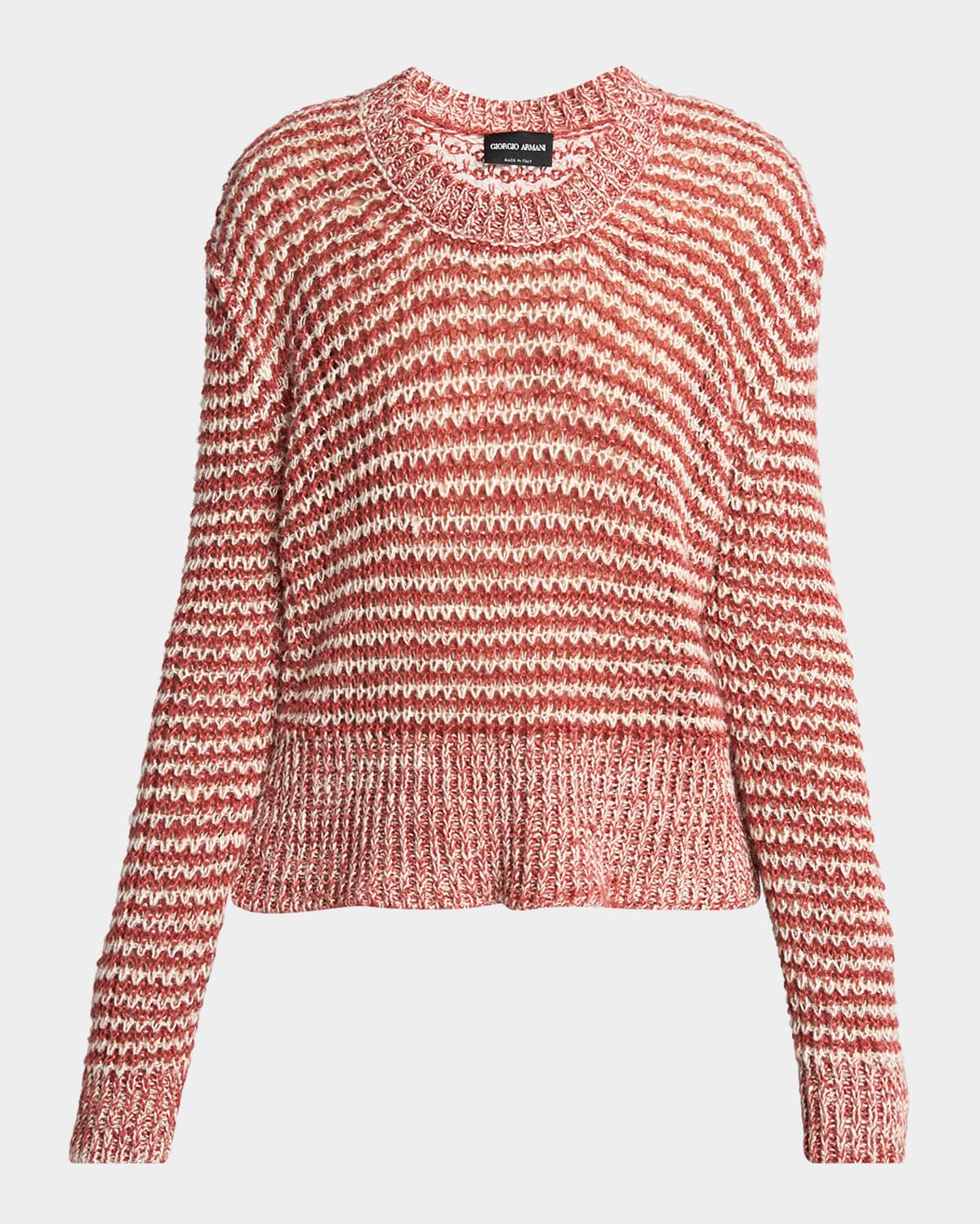 Striped Linen Open-Knit Crewneck Sweater