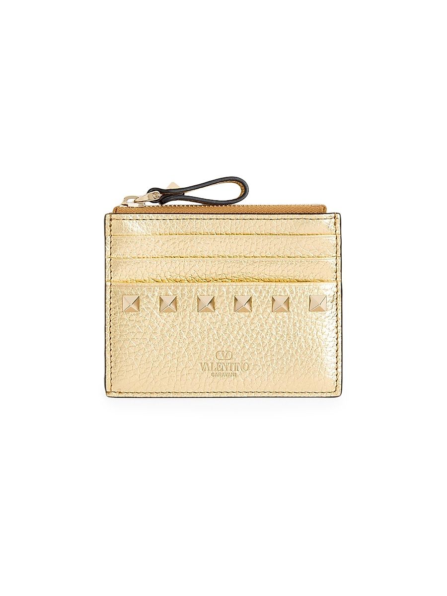 Women's Rockstud Calfskin Card Holder - Antique Brass