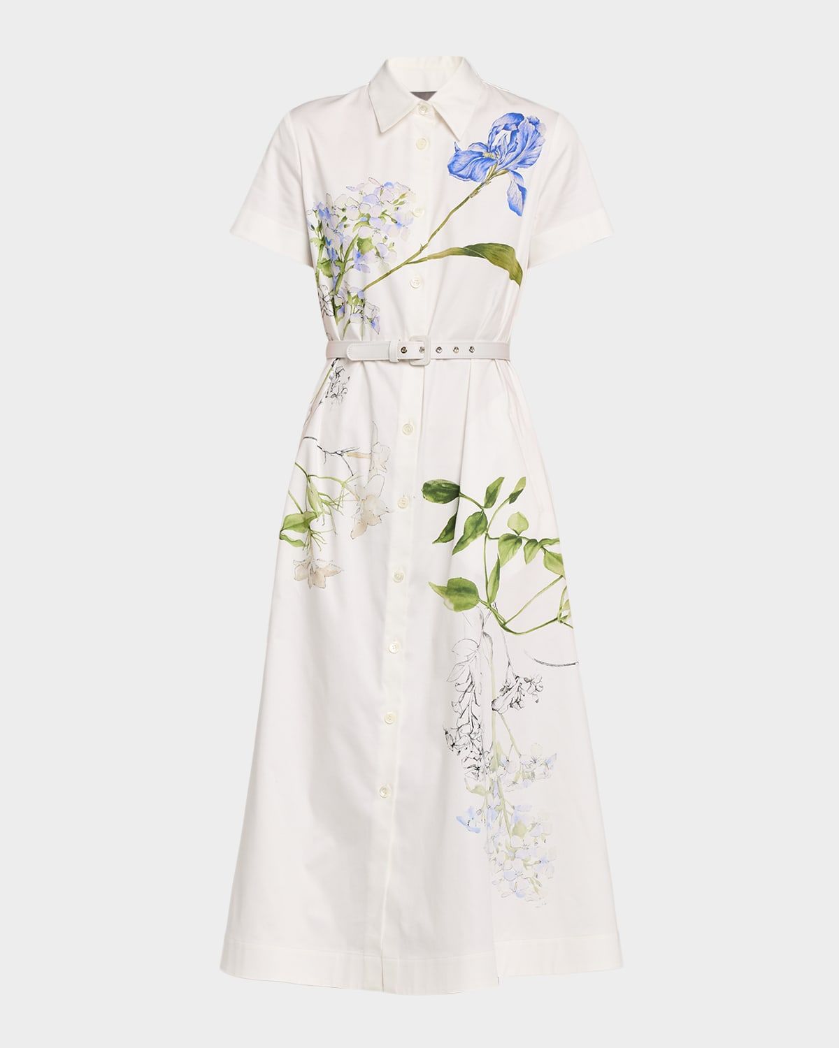 Floral Cotton Short-Sleeve Midi Shirtdress