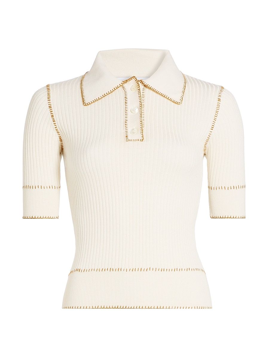 Women's Whipstitch Rib-Knit Polo Top - Off White - Size XL