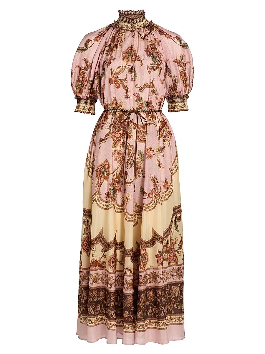 Women's Aster Printed Silk Billow Maxi Dress - Mauve Jacobean - Size 10