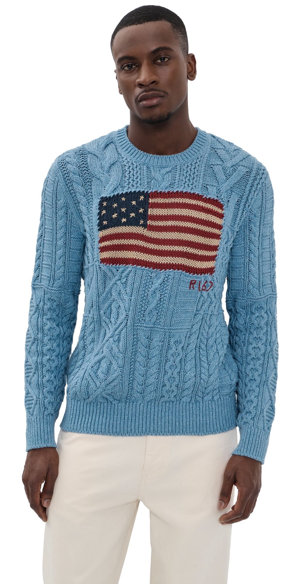 Polo Ralph Lauren Intarsia Novelty Flag RL 67 Crew Neck Sweater Light Blue Combo L
