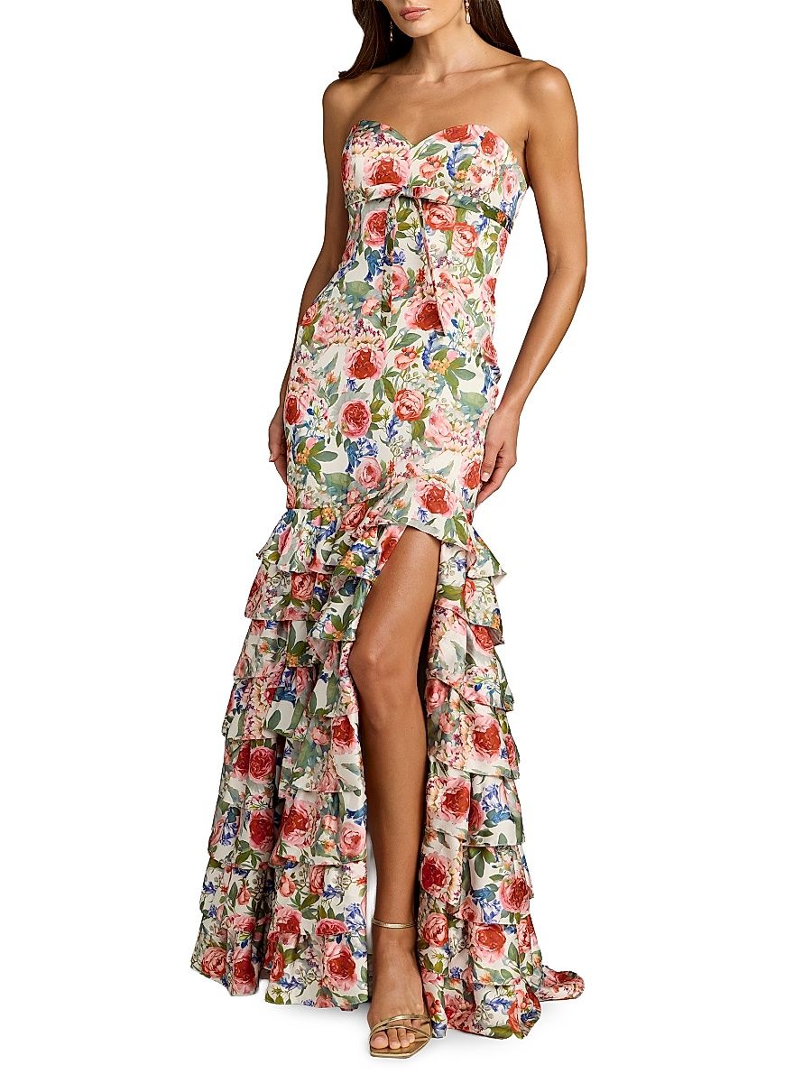 Women's Floral Charmeuse Ruffle Mermaid Gown - Ivory Multi - Size 2