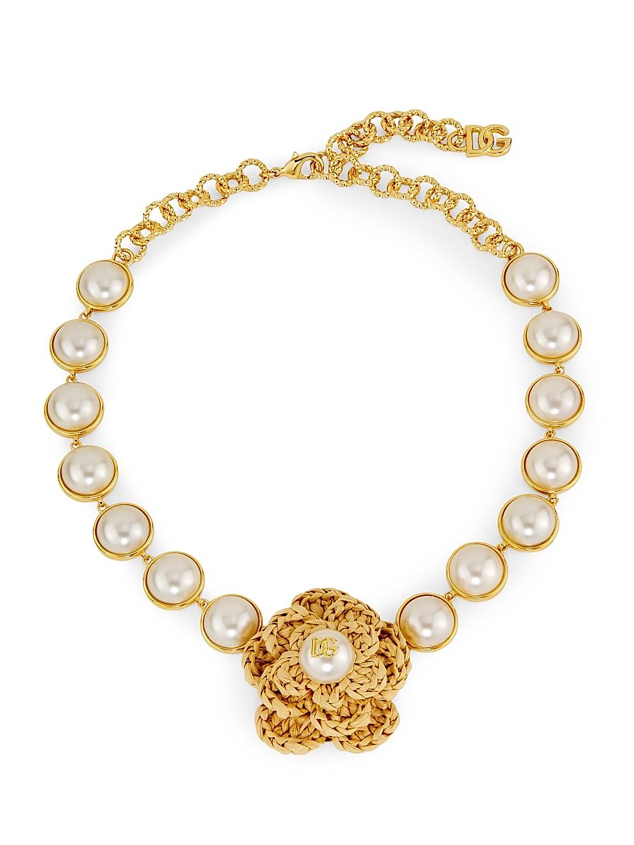 Women's Flower Goldtone, Raffia & Imitation Pearl Necklace - Gold