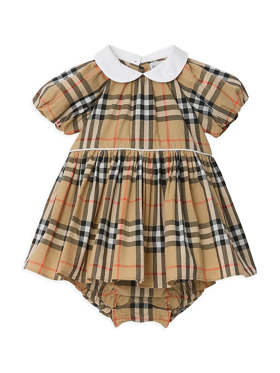 Baby Girl's Check Puff-Sleeve Dress & Bloomers Set - Sand - Size 9 Months