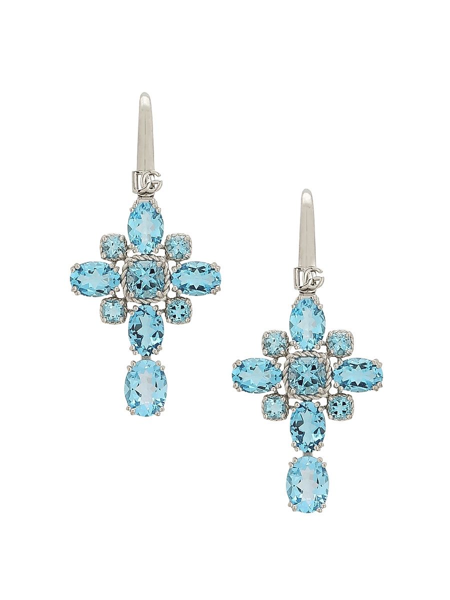 Women's Cross 18K White Gold & Swiss Blue Topaz Cross Drop Earrings - White Gold