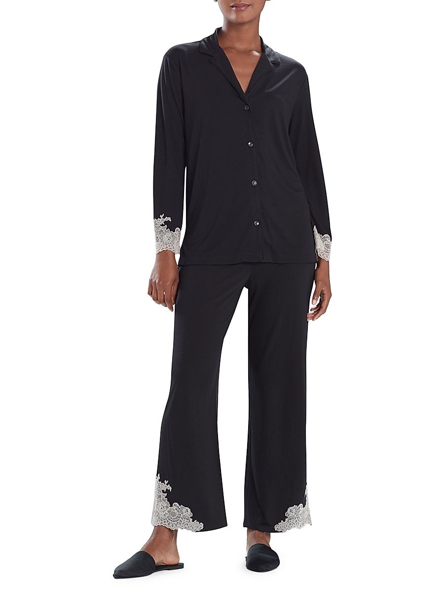 Women's Luxe Shangri La 2-Piece Notch Pajama Set - Black - Size XS